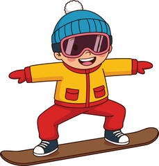 Cute cartoon boy snowboarding in winter clothes, smiling happily, wearing goggles and hat, enjoying outdoor snow fun and cold weather adventure
