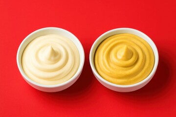 Two bowls of creamy white and vibrant yellow sauces on a bold red background
