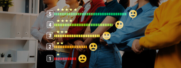 A diverse group of individuals stands in line, indicating different feedback ratings with icons and...
