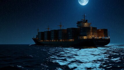 Ai generative Cargo ship sailing on ocean at night under a full moon with starry sky, a dynamic scene of global trade and transportation, perfect for logistics themes - Powered by Adobe