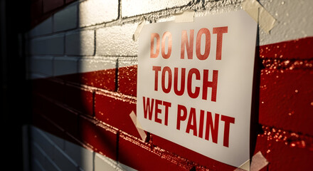 Warning Sign on Fresh Paint, Requesting Avoidance, Indicating Freshly Painted Surfaces, Be Careful