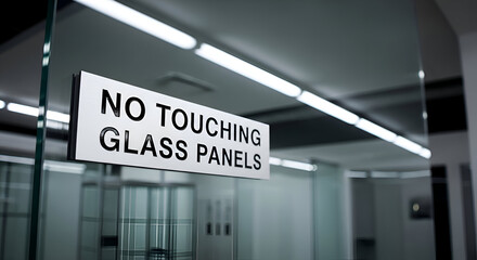 Warning Sign On Glass Panel With Lighting Fixtures In Contemporary Office Building