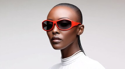 Woman wearing red sunglasses with black frames. She has a black and red hairdo. She is wearing a white shirt