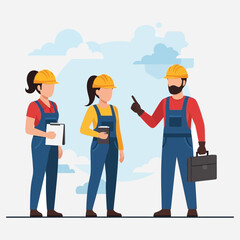 Obraz premium Diverse team of construction workers and engineers collaborating on a project, discussing plans and management strategies on a modern job site with professional guidance