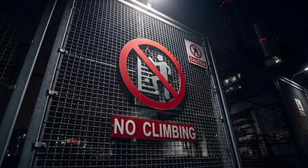 Warning Sign: Forbidden Vertical Ascent, Illuminated At Night, Caution Advises