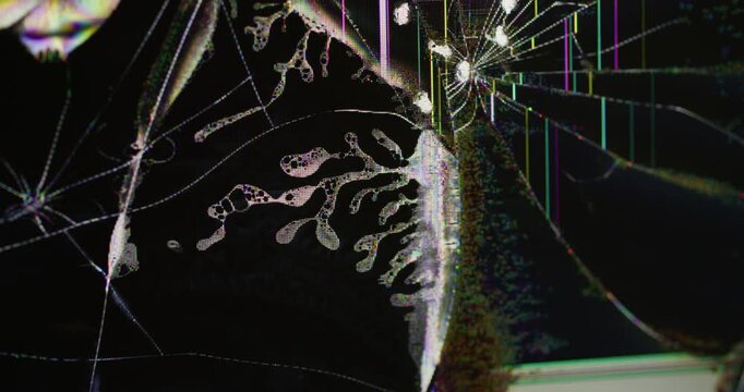 Futuristic artifacts. Signal technology. Yellow dark black color noise vibration liquid waves pink broken lines pattern on art abstract bokeh background.