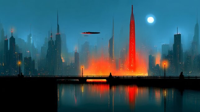 City skyline with a red tower and a large red building. The sky is dark and the city is lit up with lights