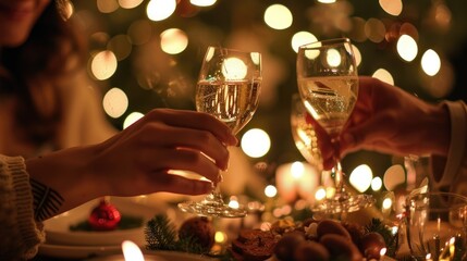 Two hands clinking glasses of sparkling wine at a festive table. A Christmas tree with lights is in the background. Holiday treats are on the table
