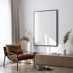 Naklejka na ściany i meble Modern Living Room Poster Frame Mockup with Natural Light and Minimalist Decoration. 3D render.