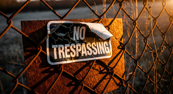 Weathered Warning Sign: Depicting Forbidden Zones, Privacy, And Private Property, Rusting Fence