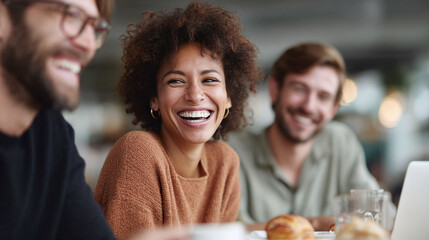 Fototapeta premium Joyful meeting with friends. A diverse group laughing together at a cafe. Captures connection, friendship, and positive vibes. Great for social, lifestyle business themes.