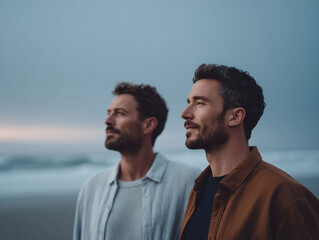Two men stand on a beach at dusk, gazing towards the horizon. Evokes themes of companionship, hope, reflection, and the pursuit of dreams. Perfect for travel, lifestyle, or aspirational content.