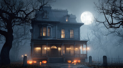 Eerie, fog-shrouded Victorian mansion at night. Halloween scene with glowing jack-o'-lanterns, spooky bare trees, a misty yard, and a full moon, perfect for horror, holiday, and fantasy themes