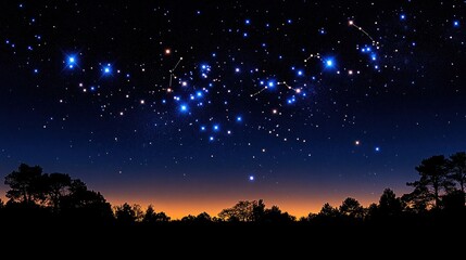 Naklejka premium Night sky with constellations over silhouettes of trees