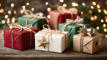 Close-up of rustic Christmas presents in natural colors (red, green, white, kraft) tied with twine, with a golden star charm. Set against background of warm bokeh lights and garland, holiday giving
