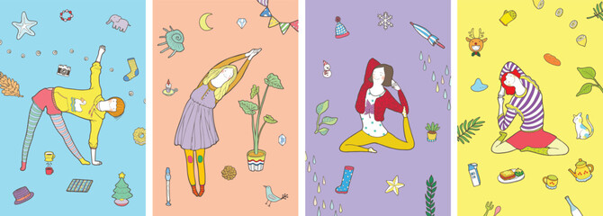 Illustration of girls practicing yoga in flexible poses such as Half Moon Pose, Revolved Head-to-Knee Pose, Pigeon Pose, and Triangle Pose.