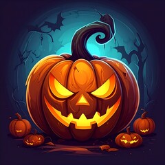 Spooky Halloween illustration featuring a grinning jack-o'-lantern and pumpkins