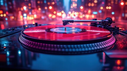 Nightclub DJ turntable with red vinyl spinning. City lights blurred in background