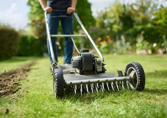 A man pushes an air-powered lawn mower across a green yard as spiked blades spin and cut the grass. In motion blur, he moves from left to right.
