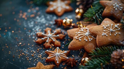 Gingerbread cookies shaped like stars and snowflakes, decorated with white icing. Surrounding pine branches and pine cones create a festive New Year and Christmas atmosphere