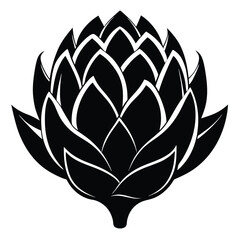Black and white shows a stylized artichoke with layered petals facing upwards