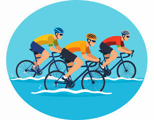 Obraz premium Illustration of three cyclists riding bicycles in a line on water with a blue background.