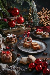 A festive table setting with various Christmas desserts. Includes decorated cakes, cookies, and red ornaments. Pine branches and snowflakes enhance the holiday theme