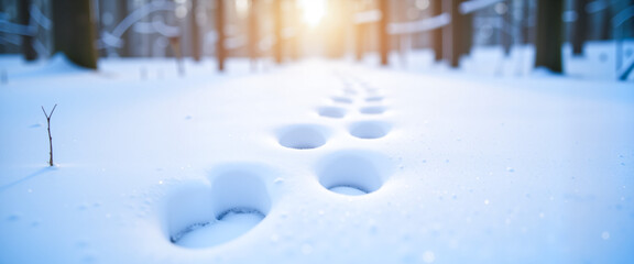 Animal tracks in fresh snow leading through winter forest