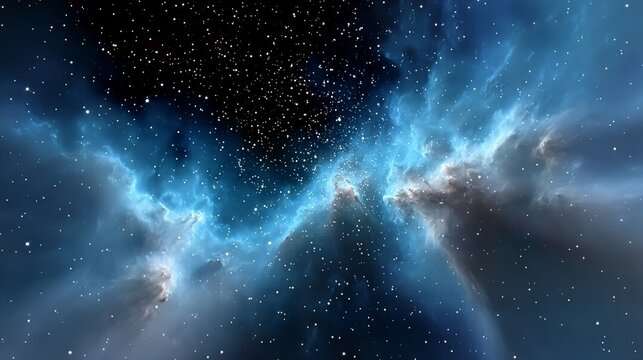 Blue sky with stars and clouds. The sky is filled with stars and clouds, and the blue color is dominant. Scene is peaceful and serene, as if one is looking up at the vastness of the universe