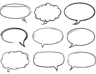 A collection of nine hand-drawn speech bubbles and thought clouds on a plain white background in a flat lay composition with black outlines.