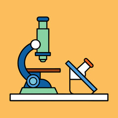 A microscope and chemical bottle on a lab bench with orange background