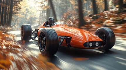 Orange race car speeds through autumn forest