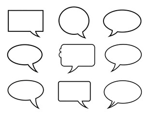 Obraz premium A set of nine black line-drawn speech bubbles in various shapes and sizes on a white background.
