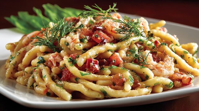 A plate of delicious strozzapreti pasta with tomato and herbs