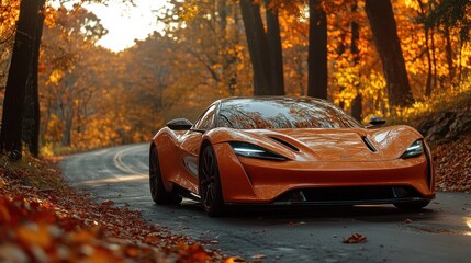 Orange sports car on winding autumn road