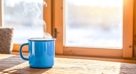 Hot blue mug on wooden table by the window with morning sunlight  