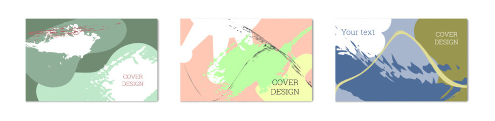Paint strokes and geometric elements. Set of 3 multi-colored backgrounds. Notebook or notebook cover design. Unusual creative background.