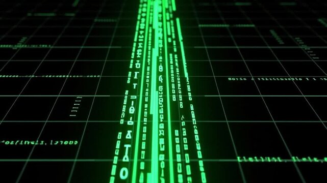 Ai generative Green digital rain code flowing across a dark grid, data stream illuminating the screen, perfect for tech backgrounds and coding visualizations