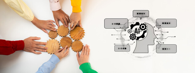Diverse hands work together on wooden gears, illustrating collaboration and creativity. An AI...