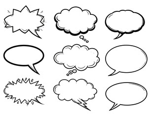 Fototapeta premium A collection of nine different comic book-style speech bubbles on a white background with a graphic design aesthetic.