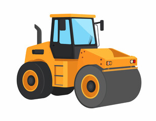 Fototapeta premium Illustration of a yellow road roller with a black drum and wheels on a white background.