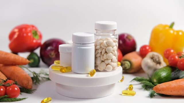 Vitamins, multivitamins, and dietary supplements are displayed on a podium alongside fresh organic vegetables. This setup emphasizes the importance of nutrition and healthy eating habits