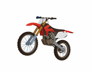 A red, white, and black dirt bike with knobby tires against a clean white background.