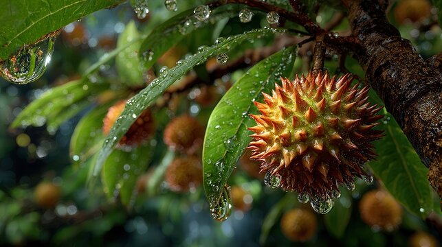 Close Up of Durian Fruit after Rain with Water Droplets - Powered by Adobe
