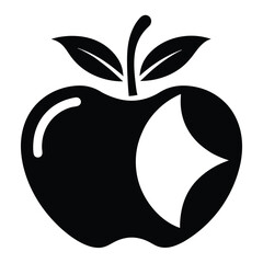 Simplified black silhouette shows an apple with two leaves and a bite taken out of it