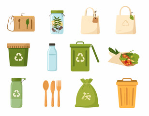 Flat lay illustration of various eco-friendly items and recycling symbols on a clean white background.