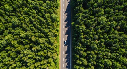 Aerial view of over forest land perfect asphalt highway road and meadow at sunny summer morning near green trees drone view forest sunset aerial view scene