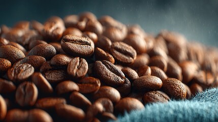 Close up shot of pile of roasted coffee beans on a surface