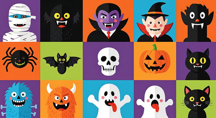 Collection of cute halloween characters and symbols on colorful backgrounds