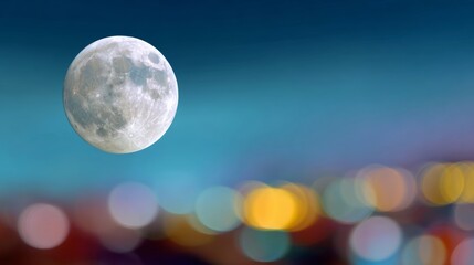 A large full moon in a night sky with a blurred cityscape background, featuring colorful bokeh lights